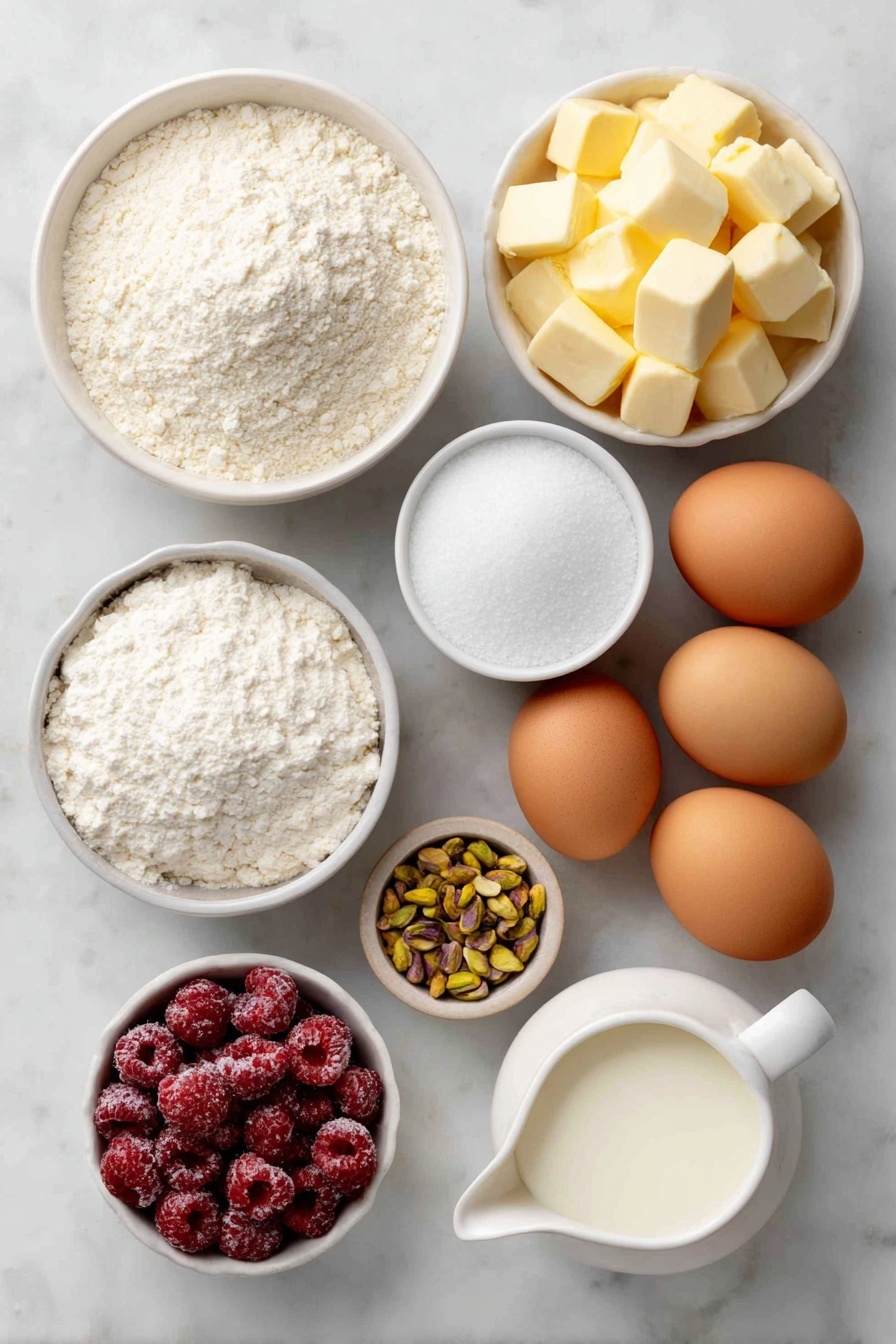 Flat lay of roughly chopped fresh green pistachios, a small white bowl of fine pale cornflour, a small mound of plain white flour, a small white bowl of white baking powder, a small pile of coarse sea salt crystals, a neat pile of frozen bright red raspberries still frosted, cold cubes of pale yellow unsalted butter, a small white bowl filled with fine white caster sugar, a small white bowl with golden vanilla extract, a small white bowl containing translucent rosewater, three large whole brown eggs with clean shells, a small white ceramic jug filled with full cream milk placed on a clean white marble surface, soft natural light, photo taken with an iPhone, professional food photography style, fresh ingredients, white ceramic bowls, no bottles, no duplicates, no utensils, no packaging --ar 2:3 --v 7 --p m7354615311229779997 - Pistachio Raspberry Rose Cake, pistachio raspberry cake, floral berry cake, elegant layer cake, spring dessert recipes
