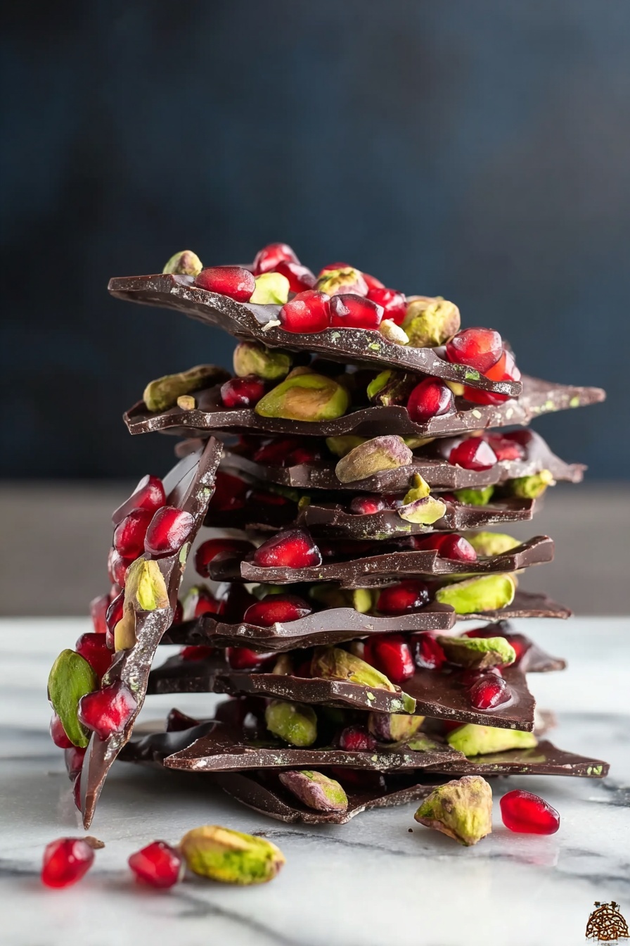 The image shows a stack of thin, irregularly shaped dark chocolate pieces with bright red pomegranate seeds and green pistachios scattered on top and mixed through each layer. The chocolate pieces are stacked unevenly, creating a tall, jagged tower with one large piece leaning against it on the left side. The pomegranate seeds add a shiny, juicy look, while the pistachios bring a matte, textured contrast with their natural green color. The scene is set on a white marbled surface with a dark blurred background, highlighting the colors and textures of the chocolate and nuts clearly. photo taken with an iphone --ar 2:3 --v 7 - Chocolate Pomegranate Nut Bark, chocolate pomegranate nut bark, easy holiday bark, festive chocolate treat, healthy dessert bark