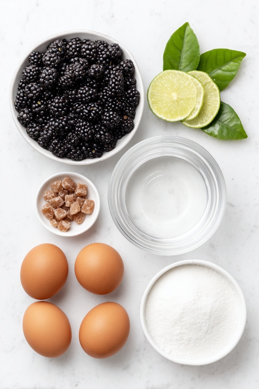Flat lay of a small pile of fresh blackberries, a few whole brown sugar crystals scattered beside a simple white ceramic bowl filled with clear water, a small white ceramic bowl holding fresh lime wedges and bright green lime leaves, and a few whole uncracked brown eggs arranged symmetrically, all placed on a clean white marble surface, soft natural light, photo taken with an iPhone, professional food photography style, fresh ingredients, white ceramic bowls, no bottles, no duplicates, no utensils, no packaging --ar 2:3 --v 7 --p m7354615311229779997 - Blackberry Sorbet, Blackberry Sorbet recipe, healthy fruit sorbet, easy homemade sorbet, vegan berry dessert