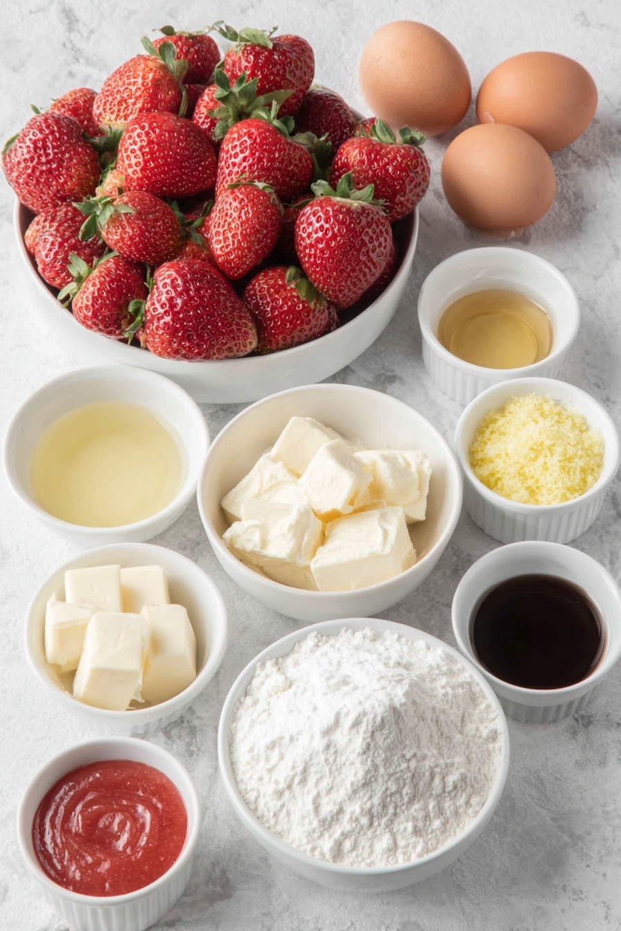 Flat lay of fresh whole strawberries, a small white bowl of fine granulated sugar, a small white bowl with bright yellow lemon zest, a small white bowl of fresh lemon juice, a small white bowl of pale tapioca starch, a small white bowl with translucent rose water, a small white bowl of softened unsalted butter, a small white bowl of golden canola oil, a small white bowl of clear vanilla extract, two large whole brown eggs with clean shells, a small white bowl of fine sea salt, a small white bowl of baking powder, a small white bowl of pale cake flour, a small white bowl of pink strawberry kefir, a small white bowl of strawberry rose reduction with a rich pink color, a small white bowl of softened cream cheese, a small white bowl of organic powdered sugar placed on a clean white marble surface, soft natural light, photo taken with an iPhone, professional food photography style, fresh ingredients, white ceramic bowls, no bottles, no duplicates, no utensils, no packaging --ar 2:3 --v 7 --p m7354615311229779997 - Strawberry Rose Cake, strawberry rose cake, floral fruit cake, spring dessert recipes, easy elegant cake