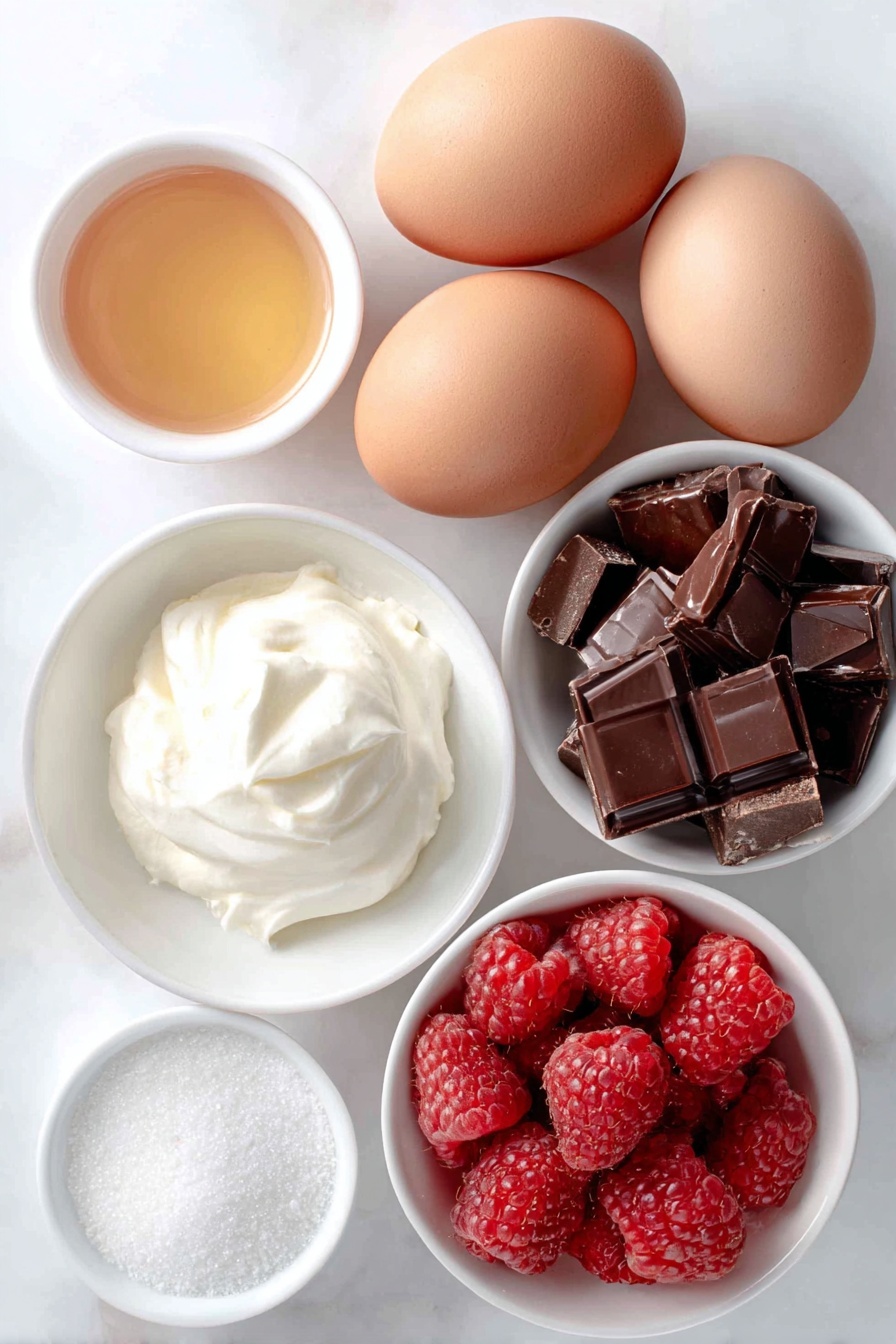 Flat lay of four large whole brown eggs with clean shells, a small mound of granulated white sugar on a simple white ceramic plate, a small white ceramic bowl of golden melted butter, a small white ceramic bowl with roughly chopped semi-sweet dark chocolate pieces, a small white ceramic bowl of clear white vinegar, a small white ceramic bowl of thick white whipping cream, a small white ceramic bowl filled with fresh bright red raspberries, a small white ceramic bowl with pale amber vanilla extract placed on a clean white marble surface, soft natural light, photo taken with an iPhone, professional food photography style, fresh ingredients, white ceramic bowls, no bottles, no duplicates, no utensils, no packaging --ar 2:3 --v 7 --p m7354615311229779997 - Chocolate Raspberry Torte, Chocolate Raspberry Torte with Whipped Cream, decadent raspberry chocolate dessert, elegant chocolate berry dessert, easy raspberry chocolate cake