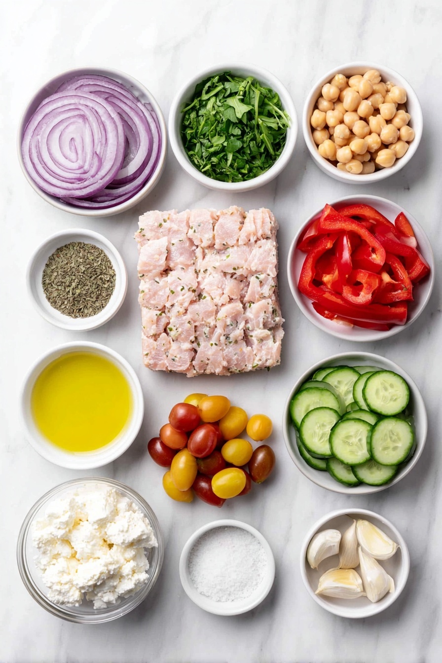 Flat lay of a small white ceramic bowl filled with thinly sliced small red onion soaking in water, a small white ceramic bowl of rinsed and drained chickpeas, a pile of halved red and yellow cherry tomatoes, a neatly stacked row of thin cucumber slices with peel on, strips of bright red bell pepper arranged symmetrically, a flaked portion of pale solid albacore tuna, a small heap of fresh arugula leaves, a small bunch of finely chopped parsley, a small white ceramic bowl containing crumbled white feta cheese, a small white ceramic bowl holding freshly squeezed pale yellow lemon juice, a small white ceramic bowl with golden extra-virgin olive oil, two whole uncracked garlic cloves, a small white ceramic bowl with coarse kosher salt, and a small white ceramic bowl with ground black pepper, placed on a clean white marble surface, soft natural light, photo taken with an iPhone, professional food photography style, fresh ingredients, white ceramic bowls, no bottles, no duplicates, no utensils, no packaging --ar 2:3 --v 7 --p m7354615311229779997 - Healthy Chickpea Tuna Salad with Fresh Veggies, healthy tuna salad, quick nutritious lunch, easy chickpea tuna recipe, fresh veggie salad