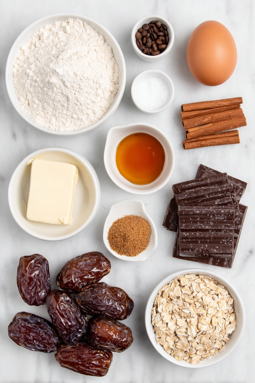 Flat lay of a small mound of all-purpose flour, a small pile of old fashioned rolled oats, a few dark cinnamon sticks beside a small white bowl containing fine salt, a small white bowl with baking soda powder, a half cup of unsalted butter softened and slightly glossy, a small white bowl filled with smooth golden tahini, a heaping heap of packed brown sugar, one whole brown egg with a clean shell, a small white bowl with amber-colored pure maple syrup, a small white bowl containing clear vanilla extract, a small white bowl with instant coffee granules, a rustic dark chocolate bar broken into large chunks, six fresh Medjool dates with glossy wrinkled skins, and a small white dish holding flaky Maldon sea salt crystals, all arranged with perfect symmetry on a clean white marble surface, soft natural light, photo taken with an iPhone, professional food photography style, fresh ingredients, white ceramic bowls, no bottles, no duplicates, no utensils, no packaging --ar 2:3 --v 7 --p m7354615311229779997 - Coffee Tahini Chocolate Chunk Oatmeal Cookies, oatmeal cookie recipes with coffee and tahini, chewy chocolate oat cookies, how to make tahini oatmeal cookies, coffee flavor desserts