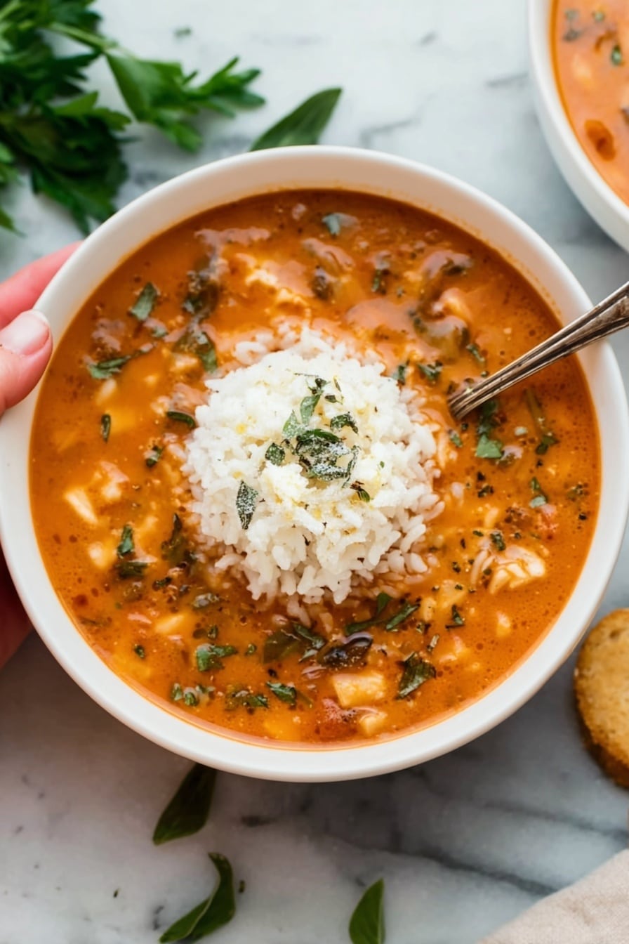 A white bowl filled with orange-colored soup that has visible small pieces of vegetables and herbs mixed inside. In the center, there is a round pile of white rice sitting on top of the soup, slightly soaking into the liquid. A silver spoon is placed resting inside the bowl, with a woman's hand gently holding it. The bowl is placed on a white marbled surface, with some green herb leaves scattered nearby for decoration. Photo taken with an iphone --ar 2:3 --v 7 - Hearty Lasagna Soup with Cheese, cheeseburger soup, Italian-inspired soup, comfort food recipes, easy lasagna soup
