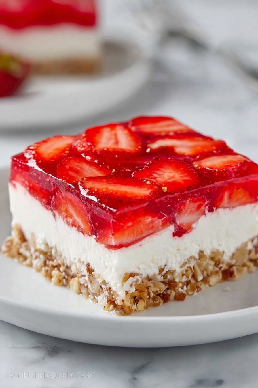 A square slice of dessert with three clear layers sits on a white plate over a white marbled surface. The bottom layer is a crumbly crust with visible pieces of nuts and a golden brown color. The middle layer is thick and creamy white, smooth in texture. The top layer is a shiny red jelly filled with thinly sliced bright red strawberries, arranged evenly and slightly overlapping. The overall look is fresh and colorful with sharp, clean edges. Photo taken with an iphone --ar 2:3 --v 7 - Strawberry Pretzel Salad, easy strawberry pretzel dessert, salty sweet pretzel salad, fruity creamy layered salad, no-bake strawberry pretzel salad