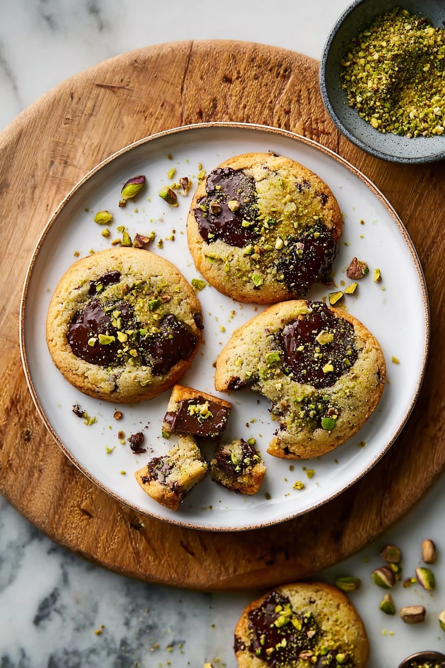 The image shows a white plate with four round cookies placed on top, one of which is broken into smaller pieces. Each cookie has a golden-brown color with uneven dark chocolate patches embedded on the top. The cookies also have green pistachio crumbs sprinkled on them, adding texture and a pop of color. The plate is set on a wooden board that lays on a white marbled surface. In the upper right corner, there is a small bowl filled with crushed green pistachios. Photo taken with an iphone --ar 2:3 --v 7 - Pistachio Cream Stuffed Chocolate Chip Cookies, pistachio cream cookies, chocolate chip cookies with pistachio filling, gourmet stuffed cookie recipe, easy pistachio dessert