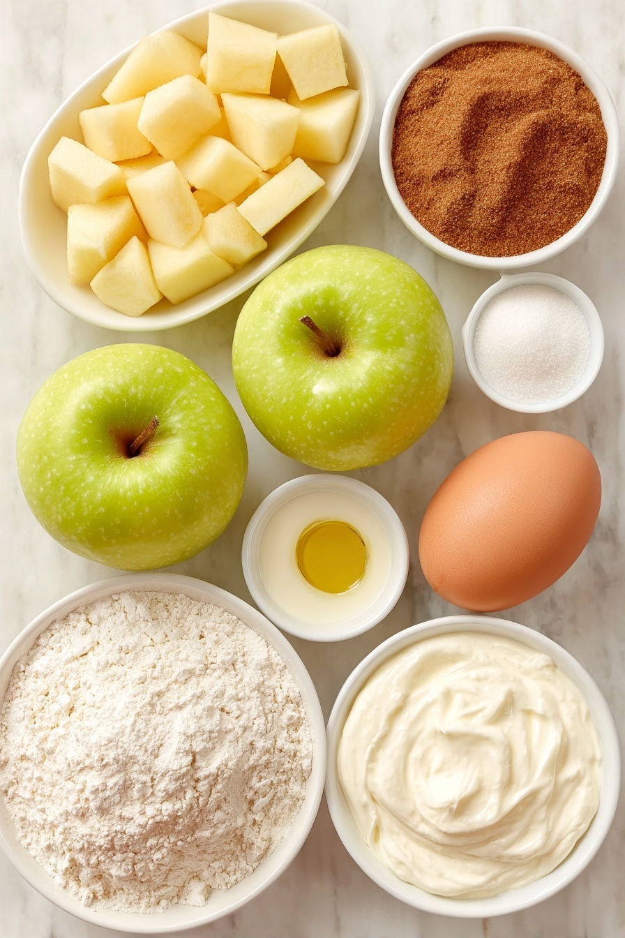 Flat lay of two medium peeled and chopped baking apples, a small mound of light brown sugar, a small heap of ground cinnamon, a small heap of ground ginger, one large whole egg with a clean shell, a small mound of white granulated sugar, a small white ceramic bowl filled with vegetable oil, a small white ceramic bowl of full-fat sour cream, a small white ceramic bowl with vanilla extract, a small pile of all-purpose flour, a small mound of baking soda, a small mound of kosher salt, a small white ceramic bowl of sifted powdered sugar, a small white ceramic bowl with milk, all ingredients arranged with perfect symmetry on a clean white marble surface, soft natural light, photo taken with an iPhone, professional food photography style, fresh ingredients, white ceramic bowls, no bottles, no duplicates, no utensils, no packaging --ar 2:3 --v 7 --p m7354615311229779997 - Amish Apple Fritter Bread, apple fritter bread with glaze, cinnamon apple bread, easy apple bread recipe, sweet apple bread dessert