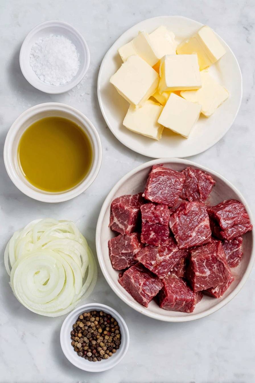 Flat lay of fresh sirloin steak cut into bite-sized pieces arranged neatly in a simple white ceramic bowl, coarse kosher salt crystals scattered beside a small white bowl filled with cracked black peppercorns, a small white ceramic bowl containing vegetable oil with a glossy surface, a small sweet onion thinly sliced and laid out in a simple white dish, several fresh garlic cloves thinly sliced and arranged symmetrically on a white ceramic plate, a small white bowl with clear unsalted beef stock, thin slices of unsalted butter carefully fanned out on a plain white ceramic dish, all placed on a clean white marble surface, soft natural light, photo taken with an iPhone, professional food photography style, fresh ingredients, white ceramic bowls, no bottles, no duplicates, no utensils, no packaging --ar 2:3 --v 7 --p m7354615311229779997 - Garlic Butter Steak Bites in Crockpot, slow cooker steak recipes, easy steak dinner, tender steak bites, garlic butter beef skillet