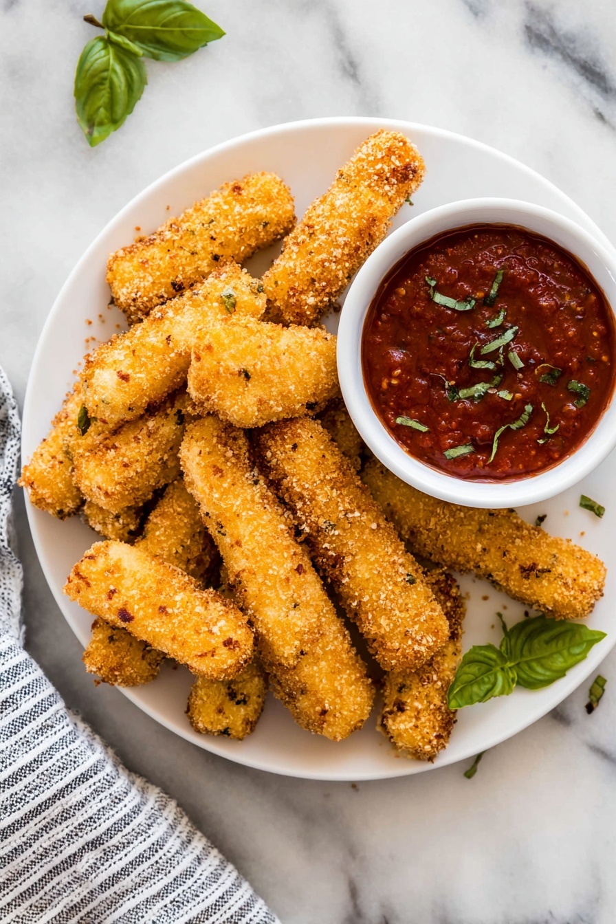 A white plate holds a pile of golden-brown, crispy sticks arranged in a slightly uneven stack. The sticks are breaded and fried, showing a coarse, crunchy texture with specks of herbs. On the right side of the plate, a small white bowl is filled with thick, smooth, deep red sauce sprinkled with small green herb bits. A few green basil leaves sit under and around some of the sticks, adding a touch of bright green color. The plate is placed on a white marbled surface with soft gray veins, and a striped cloth is partially visible at the bottom left corner. photo taken with an iphone --ar 2:3 --v 7 - Homemade Crispy Mozzarella Sticks, mozzarella sticks recipe, how to make crispy mozzarella sticks, cheesy snack recipes, easy mozzarella appetizers