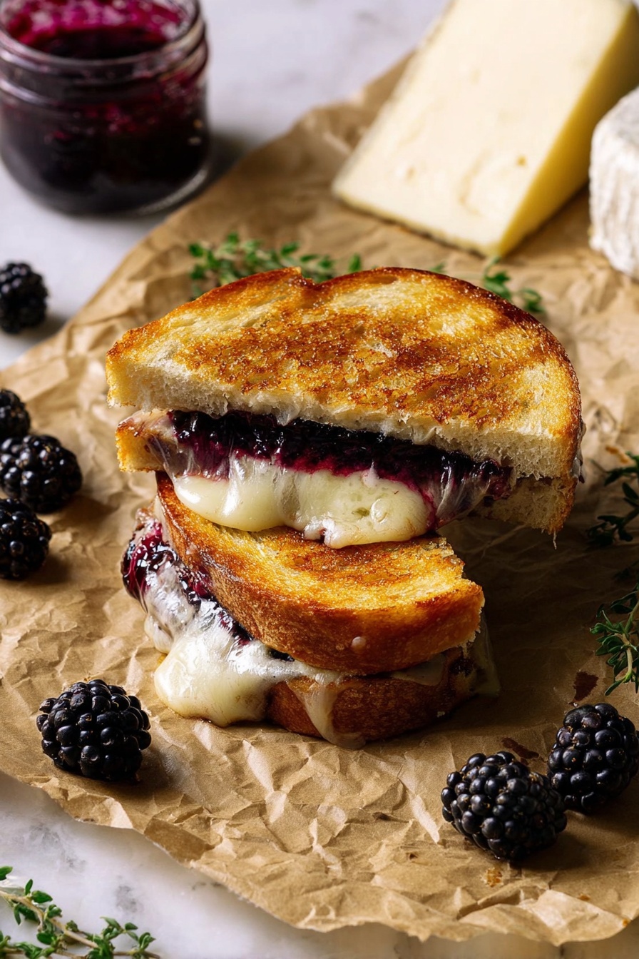 The image shows a grilled sandwich cut into two halves placed on crumpled brown paper. The sandwich has two golden brown toasted bread slices with a shiny, crisp texture. Inside, there is a thick layer of melted creamy white cheese and a dark purple berry jam, with the cheese slightly oozing out from the sides. Around the sandwich, there are fresh blackberries and small sprigs of green herbs scattered. In the background, two wedges of soft, white-rinded cheese and a jar of berry jam sit on the same brown paper. The surface underneath is a white marbled texture. photo taken with an iphone --ar 2:3 --v 7 - Blackberry Balsamic Brie Grilled Cheese, Blackberry Balsamic Jam, Brie Sandwich, Gourmet Grilled Cheese, Sweet and Savory Sandwich