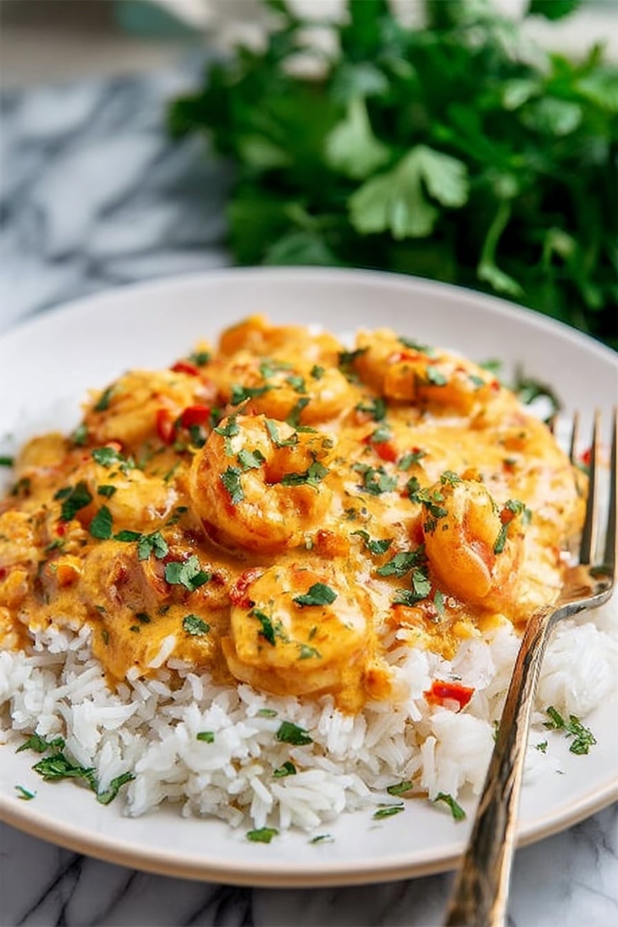 On a white plate placed on a white marbled surface, there is a layer of fluffy white rice forming the base. On top of the rice, there is a thick layer of shrimp cooked in a creamy orange sauce with visible red bits and green chopped herbs sprinkled over for garnish. A silver fork lies on the right side of the plate. The background is softly blurred with green leafy plants. Photo taken with an iphone --ar 2:3 --v 7 - Creamy Coconut Shrimp Curry, coconut shrimp curry recipe, easy shrimp curry, quick coconut curry, flavorful seafood curry