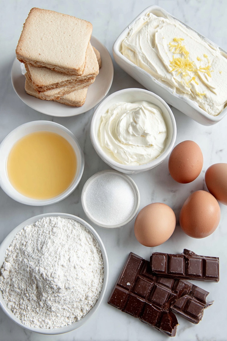 Flat lay of a small stack of plain sweet biscuits, a few thin strands of fresh lemon zest, a small white ceramic bowl of melted golden butter, a generous block of creamy white cream cheese at room temperature, a small white ceramic bowl of white granulated sugar, a small white ceramic bowl of clear vanilla essence, a small white ceramic bowl of smooth sour cream, three whole uncracked brown eggs, a small white ceramic bowl of fresh yellow lemon juice, a small white ceramic bowl of fine white plain flour, a small pile of solid dark chocolate chunks, and a small white ceramic bowl filled with fresh cream, arranged with perfect symmetry and realistic proportions, placed on a clean white marble surface, soft natural light, photo taken with an iPhone, professional food photography style, fresh ingredients, white ceramic bowls, no bottles, no duplicates, no utensils, no packaging --ar 2:3 --v 7 --p m7354615311229779997 - Best Ever New York Baked Cheesecake, New York Cheesecake Recipe, Baked Cheesecake, Classic Cheesecake, Creamy Cheesecake
