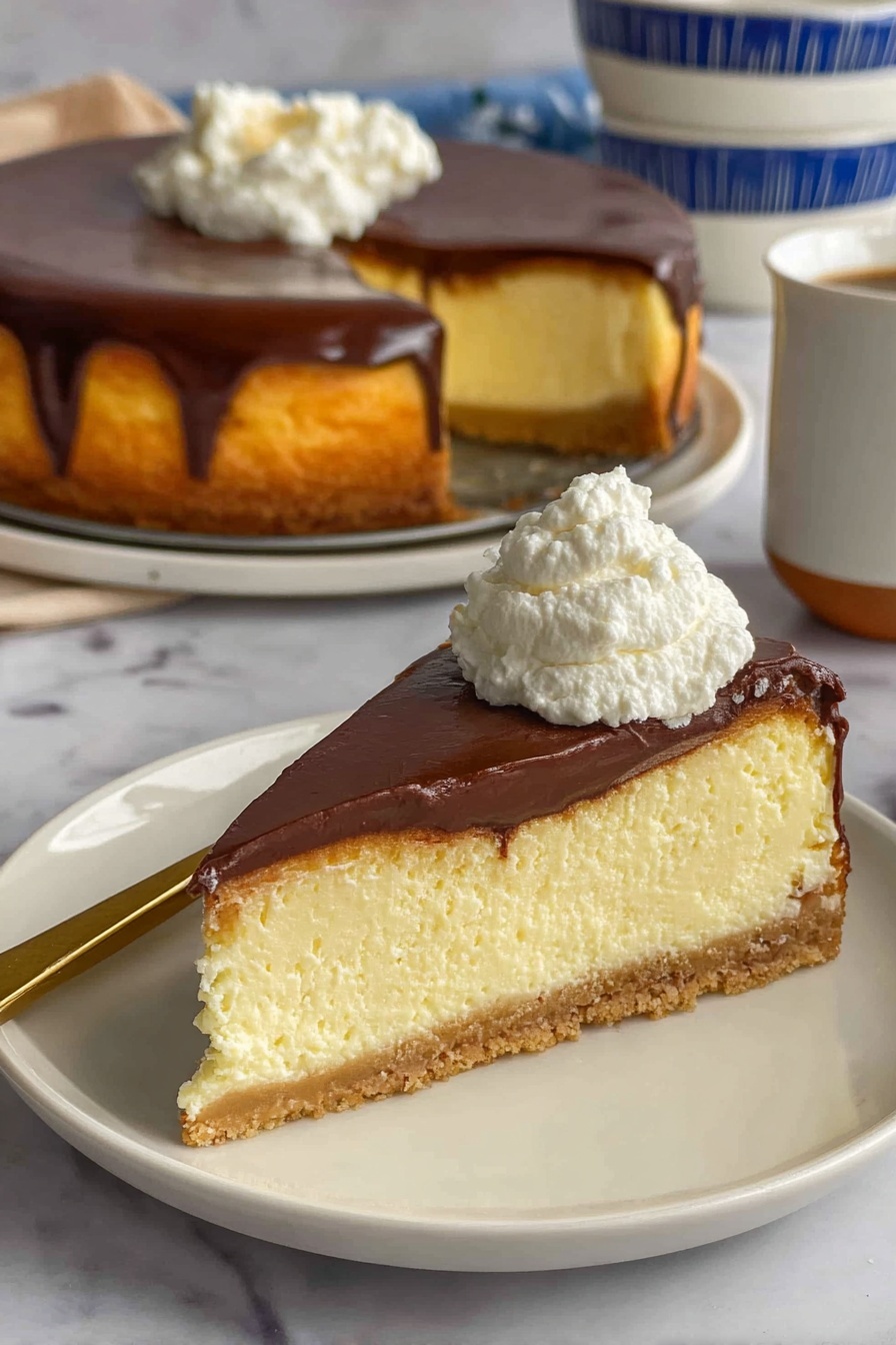 A slice of cheesecake sits on a white plate, showing three clear layers: a golden brown crumbly base, a thick creamy pale yellow middle, and a smooth shiny dark chocolate top layer that slightly drips over the edge. Next to the slice is a dollop of fluffy white whipped cream. Behind it, the rest of the cheesecake with the same three layers is on a white plate on a white marbled surface. A gold knife rests beside the whole cheesecake, with a white cup and a blurred blue and white bowl in the background. photo taken with an iphone --ar 2:3 --v 7 - Best Ever New York Baked Cheesecake, New York Cheesecake Recipe, Baked Cheesecake, Classic Cheesecake, Creamy Cheesecake