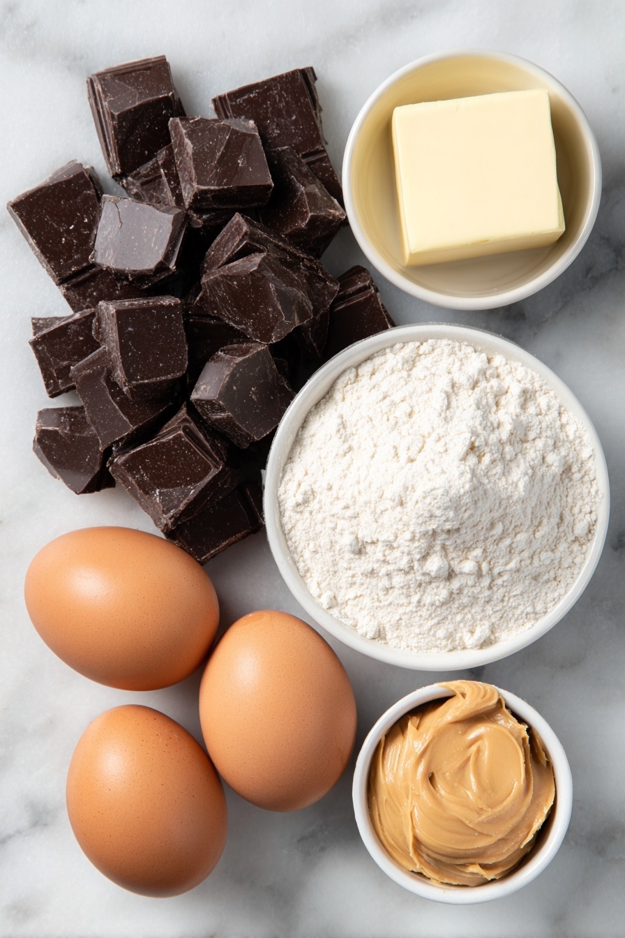 Flat lay of a small pile of coarsely chopped glossy semi-sweet chocolate chunks, a small square of creamy unsalted butter, a neat mound of fine all-purpose flour, a small heap of sifted confectioners’ sugar, a tiny pinch of fine salt, two large whole brown eggs with clean shells, two large uncracked egg yolks in a small white ceramic bowl, and a few dollops of smooth creamy peanut butter presented in a small white ceramic bowl, all arranged with perfect symmetry in balanced proportions placed on a clean white marble surface, soft natural light, photo taken with an iPhone, professional food photography style, fresh ingredients, white ceramic bowls, no bottles, no duplicates, no utensils, no packaging --ar 2:3 --v 7 --p m7354615311229779997 - Peanut Butter Chocolate Lava Cakes, molten peanut butter cake, easy lava cake recipe, gourmet chocolate dessert, quick indulgent dessert