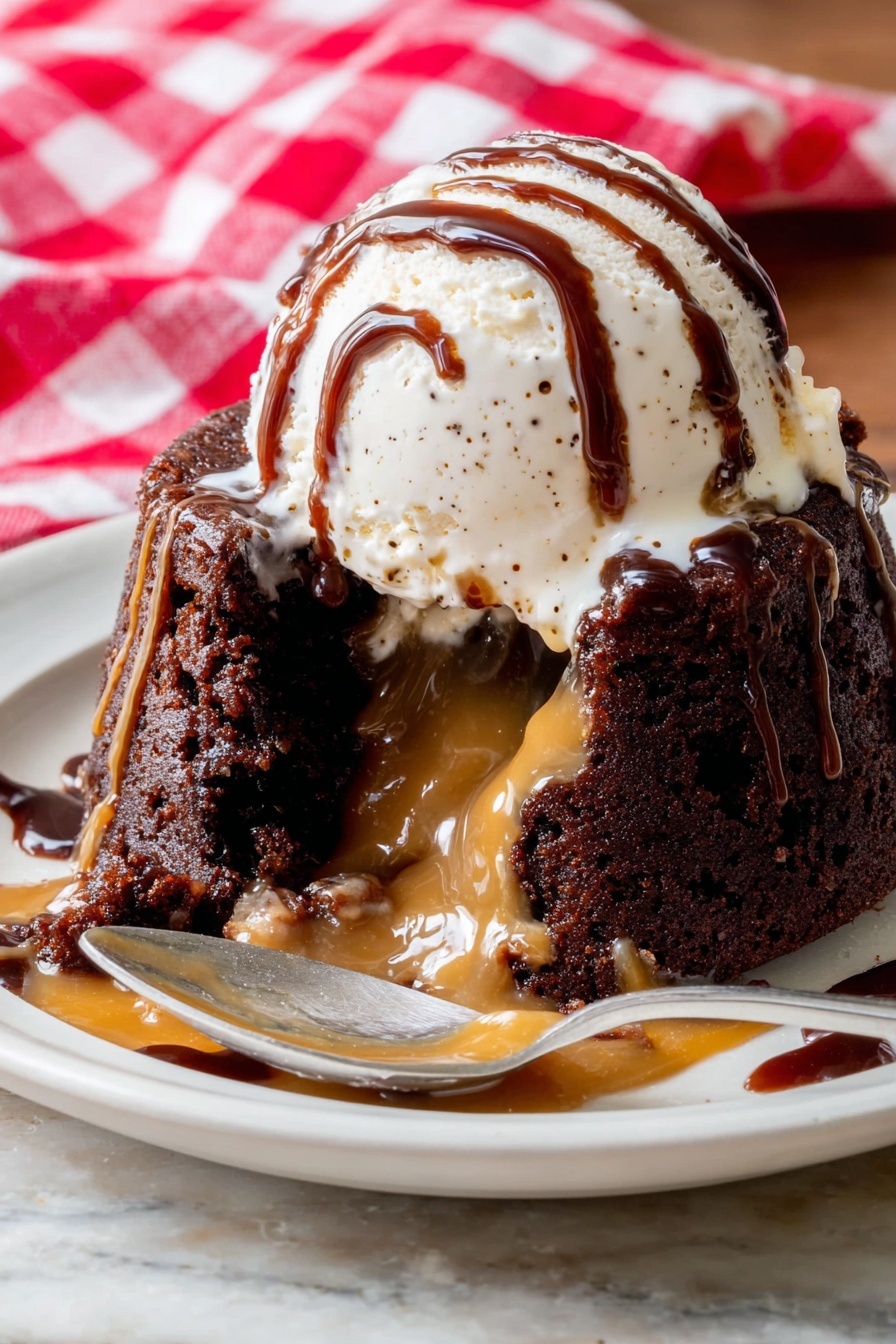 The image shows a white plate with a rich dark brown chocolate cake that is soft and moist. The cake has been opened, revealing a smooth and creamy light brown caramel filling flowing out. On top of the cake, there is a scoop of white vanilla ice cream with visible tiny dark specks, topped with drizzles of light brown caramel sauce and dark chocolate sauce. The sauces gently drip down the sides of the ice cream and cake, mixing with the melting ice cream pooling on the plate. A spoon is placed next to the cake on the plate, all set on a white marbled surface with a red and white checkered cloth in the background. photo taken with an iphone --ar 2:3 --v 7 - Peanut Butter Chocolate Lava Cakes, molten peanut butter cake, easy lava cake recipe, gourmet chocolate dessert, quick indulgent dessert