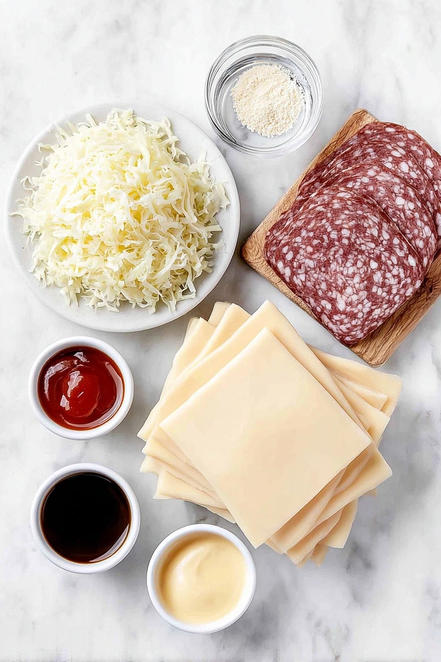 Flat lay of a small mound of shredded pale sauerkraut, a neat stack of square, thin, off-white egg roll wrappers arranged like a diamond, a small pile of sliced deep reddish-pink pastrami with visible marbling, a small heap of shredded pale yellow Swiss cheese, a small white ceramic bowl filled with clear water, and four small white ceramic bowls each containing smooth light beige mayonnaise, bright red ketchup, dark brown Worcestershire sauce, and a translucent pale yellow lemon juice, plus a small white ceramic bowl with fine off-white horseradish powder, all ingredients fresh and natural, perfectly balanced and symmetrical, placed on a clean white marble surface, soft natural light, photo taken with an iPhone, professional food photography style, fresh ingredients, white ceramic bowls, no bottles, no duplicates, no utensils, no packaging --ar 2:3 --v 7 --p m7354615311229779997 - Pastrami Reuben Egg Rolls, Reuben Egg Rolls, Pastrami Egg Rolls, Crispy Reuben Snacks, Easy Reuben Appetizer