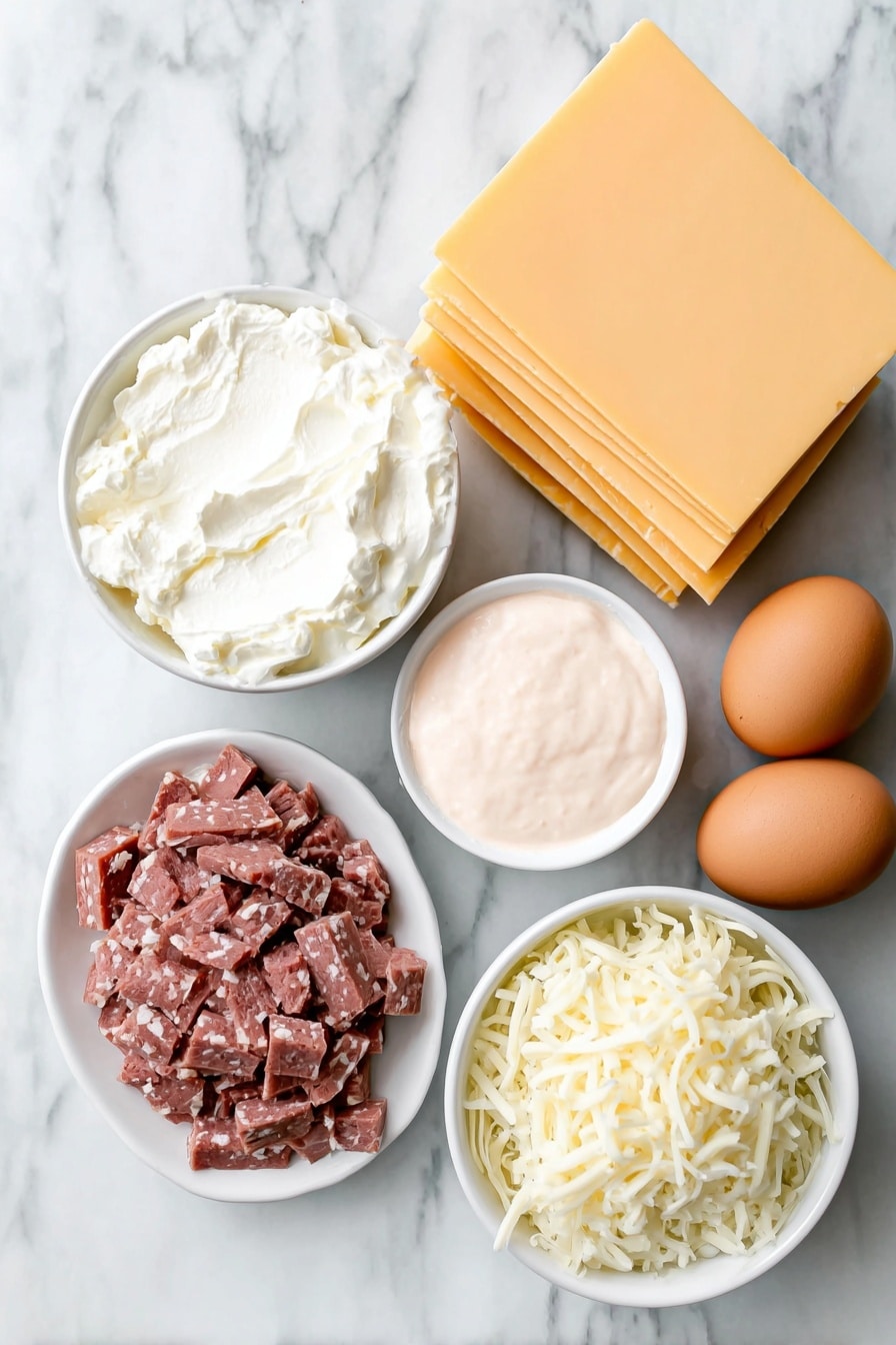 Flat lay of a small mound of softened cream cheese, a small white ceramic bowl filled with bright pink Thousand Island dressing, a handful of chopped corned beef with visible marbling, shredded Swiss cheese loosely piled, a small white bowl containing drained, pale shredded sauerkraut, a neat stack of golden square-shaped egg roll wrappers, and three whole brown eggs with clean shells neatly arranged, all placed on a clean white marble surface, soft natural light, photo taken with an iPhone, professional food photography style, fresh ingredients, white ceramic bowls, no bottles, no duplicates, no utensils, no packaging --ar 2:3 --v 7 --p m7354615311229779997 - Crispy Reuben Egg Rolls, Reuben Egg Rolls recipe, Reuben appetizer, homemade egg rolls, savory Reuben snack