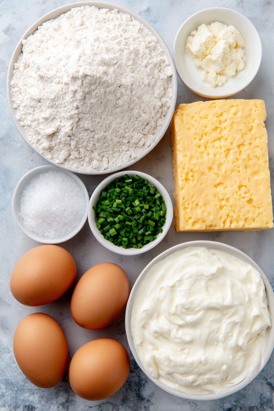 Flat lay of a small mound of all-purpose flour, a white ceramic bowl with a heap of baking powder, a small white ceramic bowl of kosher salt, a wedge of fresh orange cheddar cheese next to a small pile of finely chopped green chives, a white ceramic bowl filled with heavy cream, a small white ceramic bowl containing flaky sea salt, and two whole uncracked brown eggs placed with perfect symmetry, all arranged on a clean white marble surface, soft natural light, photo taken with an iPhone, professional food photography style, fresh ingredients, white ceramic bowls, no bottles, no duplicates, no utensils, no packaging --ar 2:3 --v 7 --p m7354615311229779997 - Cheddar Chive Scones, savory scones recipe, cheesy scones, easy scones recipe, flaky cheese scones