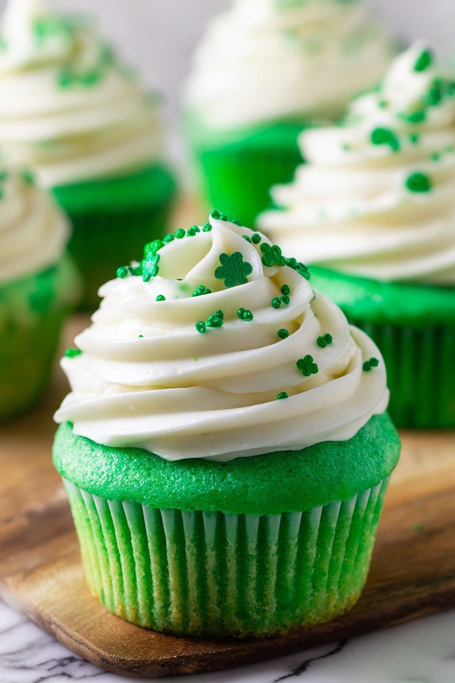 A close-up of a green cupcake with two layers: the bottom layer is bright green cake in a green paper cup with a slightly rough texture, and the top layer is smooth, white, swirled frosting in a spiral shape, crowned with small green four-leaf clover sprinkles scattered over it. The cupcake sits on a wooden surface with more similar cupcakes blurred in the background, all with the same green and white colors, and the photo taken on a white marbled texture. photo taken with an iphone --ar 2:3 --v 7 - Green Velvet Cupcakes with Cream Cheese Frosting, vibrant green cupcakes, St. Patrick's Day cupcake recipe, moist green velvet cupcakes, easy cupcake with cream cheese frosting