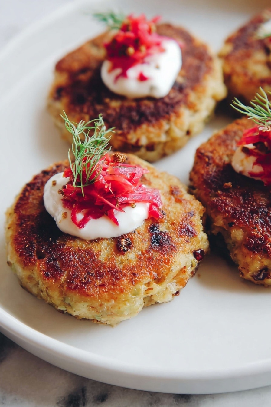 Three round golden-brown patties with a crispy texture and small dark bits are placed closely on a white plate set on a white marbled surface. Each patty has a dollop of white creamy sauce in the center, topped with a small pile of bright red shredded pickled vegetables and a tiny green sprig of dill for garnish. The patties appear thick and soft with a browned crust, showing a mix of light and darker golden colors. Photo taken with an iphone --ar 2:3 --v 7 - Corned Beef Hash Patties, Corned Beef Hash, How to Make Corned Beef Hash Patties, Easy Corned Beef Hash Breakfast, Leftover Corned Beef Recipes