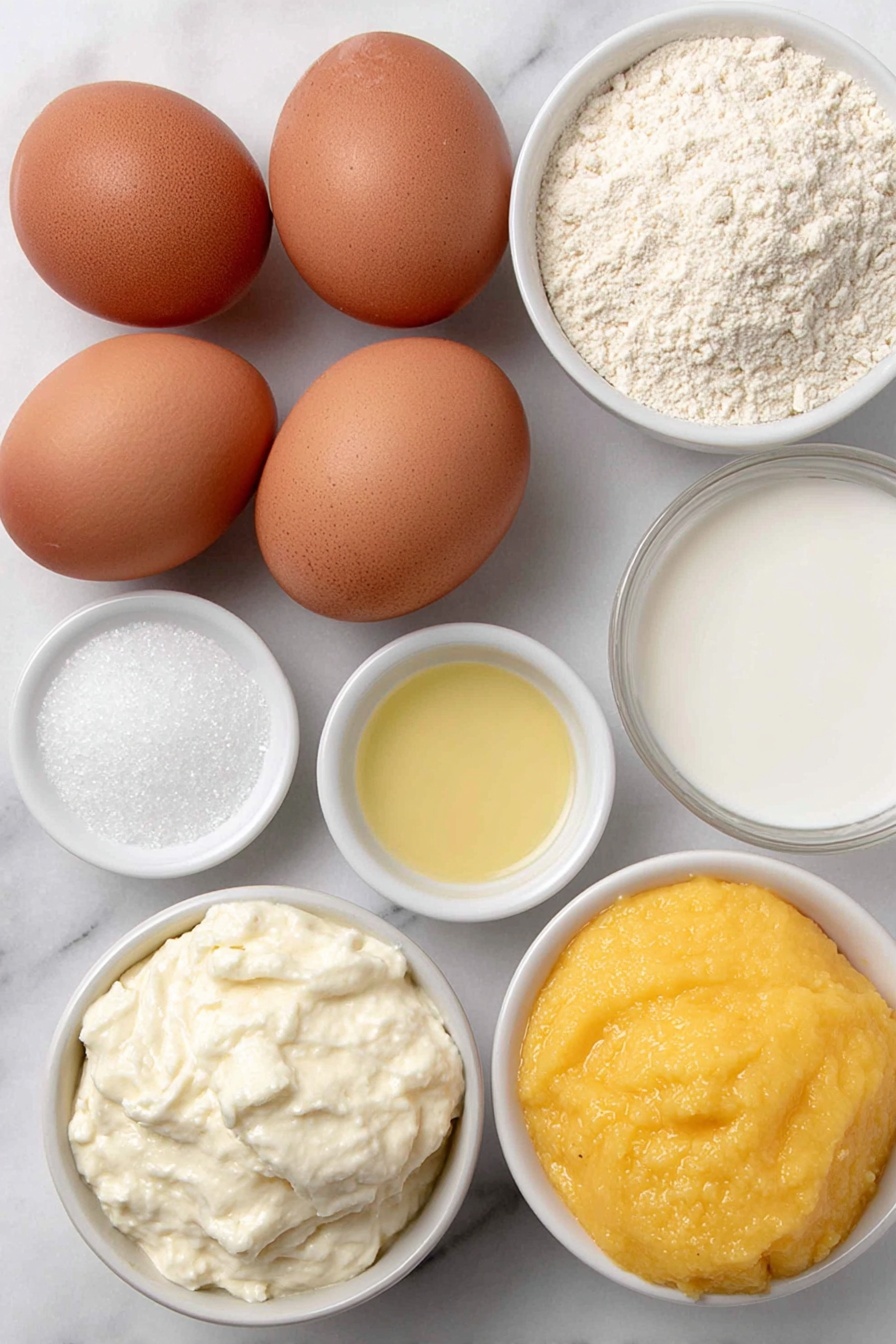Flat lay of six large whole brown eggs with clean shells, a small white ceramic bowl of fine white granulated sugar, a small white ceramic bowl of creamy milk, a small white ceramic bowl of clear vegetable oil, a small white ceramic bowl of golden-yellow vanilla extract, a small white ceramic bowl of pale all-purpose flour, a small white ceramic bowl of white cornstarch, a small white ceramic bowl of fine salt, a small white ceramic bowl of baking powder, a small white ceramic bowl of clear water, a small white ceramic bowl of thick golden mango pulp, one large ripe mango with vibrant orange-yellow flesh and smooth skin, a small white ceramic bowl of chilled heavy whipping cream, placed on a clean white marble surface, soft natural light, photo taken with an iPhone, professional food photography style, fresh ingredients, white ceramic bowls, no bottles, no duplicates, no utensils, no packaging --ar 2:3 --v 7 --p m7354615311229779997 - Mango Cream Chiffon Cake, tropical chiffon cake, fresh mango cake, fluffy mango dessert, mango layer cake