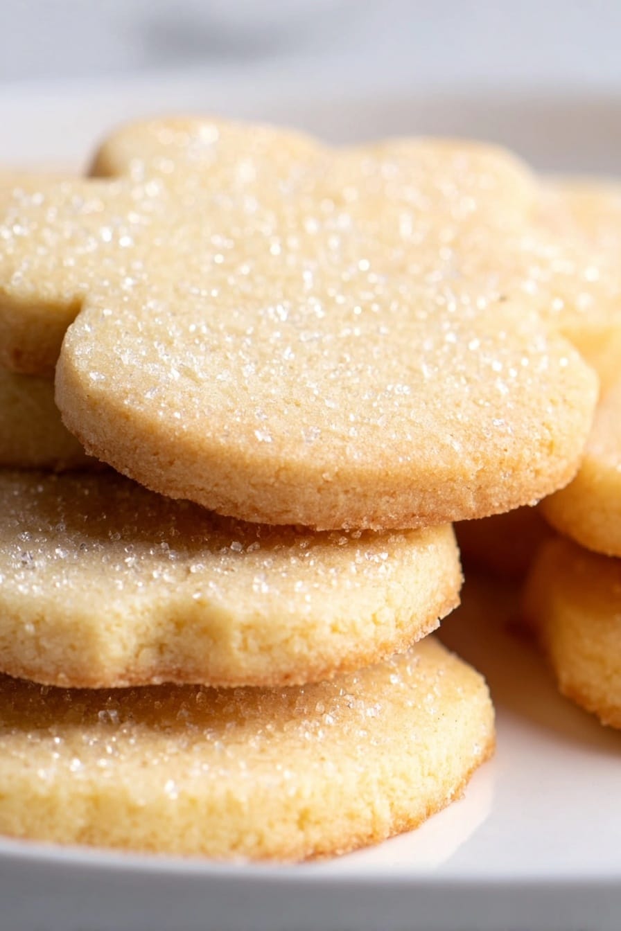 A close-up of several light golden sugar cookies stacked on a white plate, showing their soft texture and slightly rough edges. The top cookie is covered with a layer of sparkling white sugar crystals, adding a grainy texture and shiny detail. The cookies have a simple shape with smooth surfaces and a slightly browned bottom edge, giving them a warm, freshly baked look. The background is a white marbled surface, enhancing the soft, warm colors of the cookies. photo taken with an iphone --ar 2:3 --v 7 - Irish Shortbread Cookies, Irish Shortbread Cookies Recipe, Traditional Irish Cookies, Easy Shortbread Cookies, Buttery Shortbread Cookies