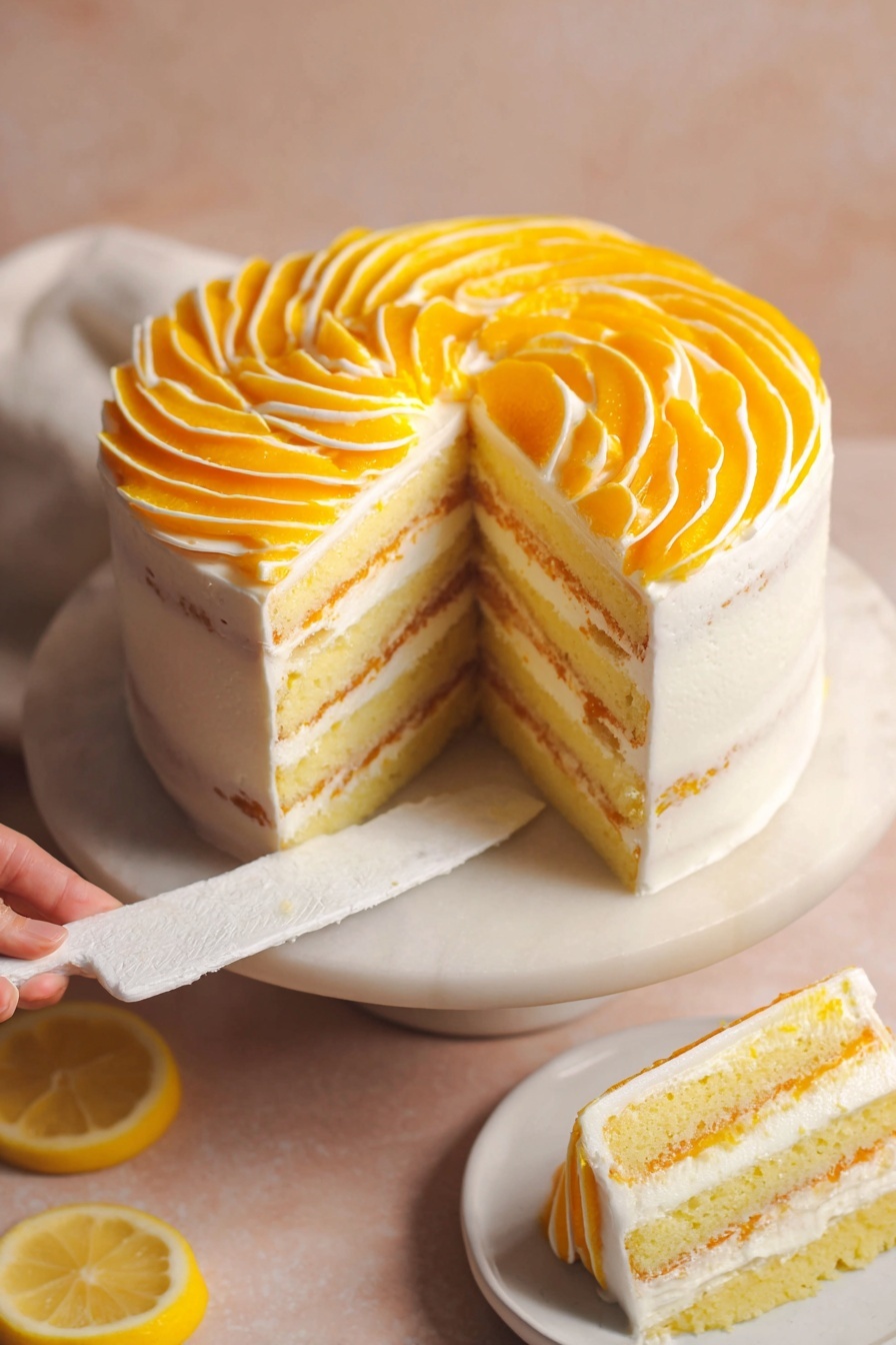 A tall round cake with four visible layers of light yellow sponge separated by creamy white frosting and thin orange filling. The outside is coated smoothly with white frosting. The top is decorated with thin, curved, bright orange slices arranged in a layered flower pattern covering the whole surface. A wedge is missing, showing the inside layers and a white-frosting-covered cake server with a woman's hand holding it. The cake sits on a white plate with a subtle marbled texture, and a slice of cake is placed on a small white plate below. Some sliced lemons are visible in the soft background. Photo taken with an iphone --ar 2:3 --v 7 - Mango Cream Chiffon Cake, tropical chiffon cake, fresh mango cake, fluffy mango dessert, mango layer cake
