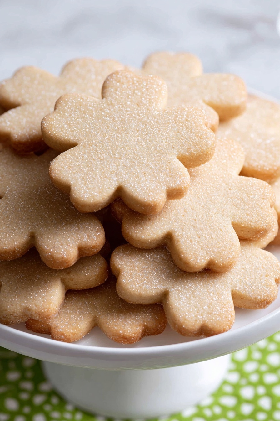 A white pedestal plate holds a pile of light golden-brown cookies shaped like four-leaf clovers. The cookies have a smooth texture dusted with fine white sugar, giving them a soft, sparkly look. The cookies are stacked closely with some edges overlapping. The background is a white marbled surface that adds brightness and soft contrast to the warm color of the cookies. photo taken with an iphone --ar 2:3 --v 7 - Irish Shortbread Cookies, Irish Shortbread Cookies Recipe, Traditional Irish Cookies, Easy Shortbread Cookies, Buttery Shortbread Cookies