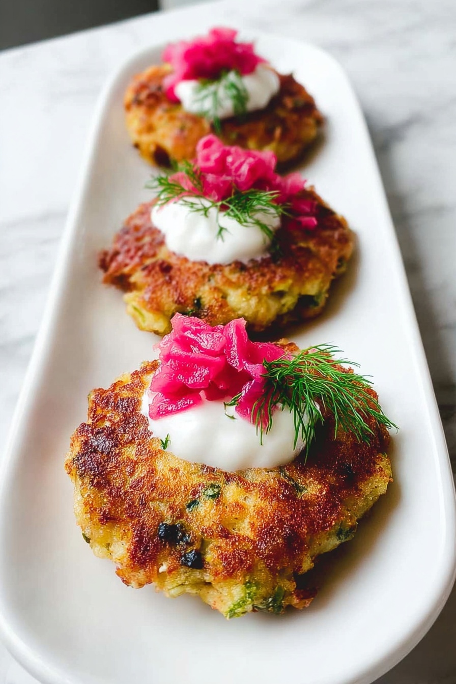 Three golden brown patties with a crispy texture are placed in a row on a long, white plate. Each patty has small flecks of green and darker bits inside, showing bits of vegetables or herbs. On top of each patty, there is a dollop of white sauce, a small pile of bright pink pickled vegetables, and a small sprig of fresh green dill. The plate sits on a white marbled surface, giving a clean and fresh look. photo taken with an iphone --ar 2:3 --v 7 - Corned Beef Hash Patties, Corned Beef Hash, How to Make Corned Beef Hash Patties, Easy Corned Beef Hash Breakfast, Leftover Corned Beef Recipes