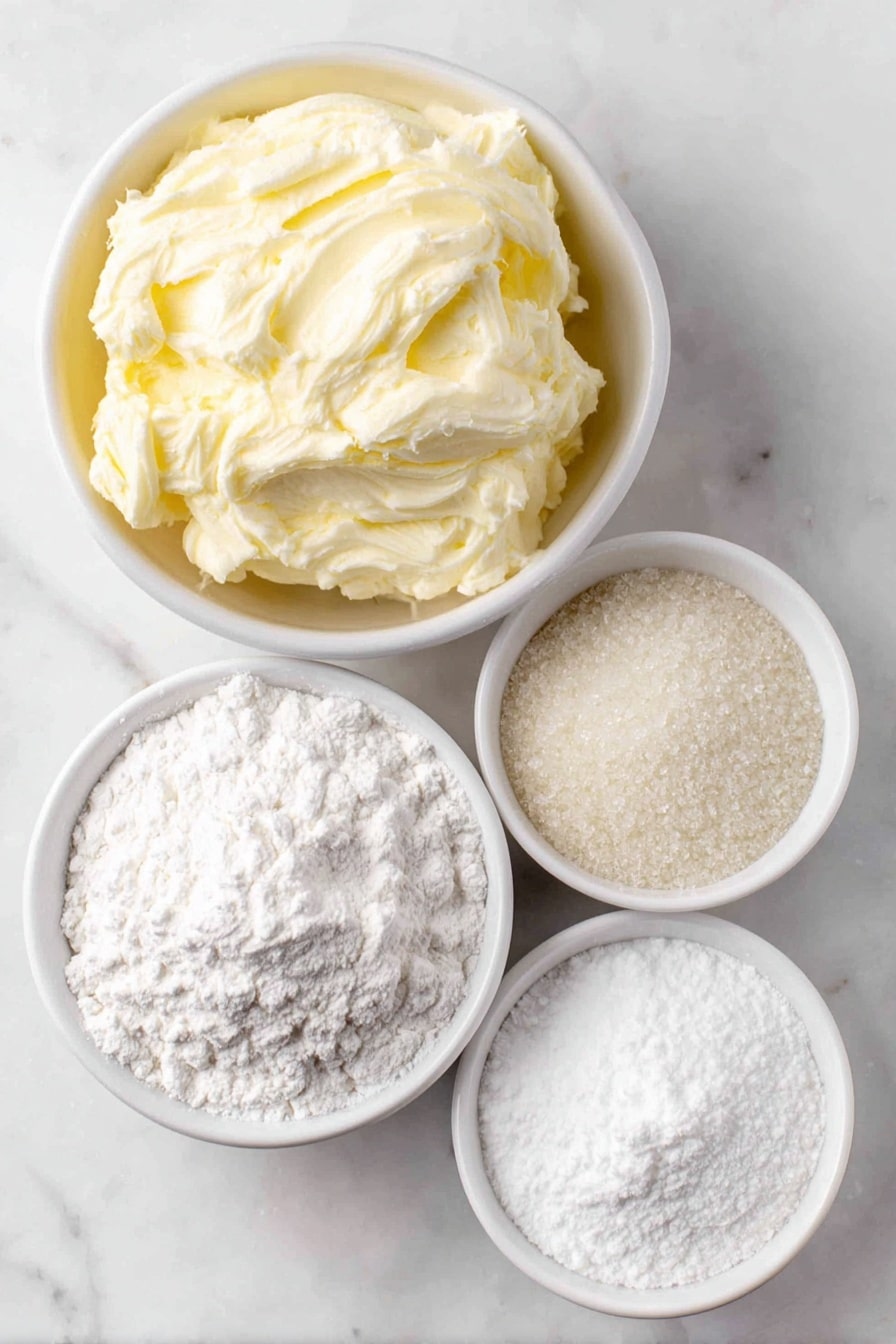 Flat lay of a small mound of very soft pale yellow butter, a small white ceramic bowl filled with golden granulated sugar, a small white ceramic bowl with fine white all-purpose flour, a small white ceramic bowl containing fine white corn starch, and a small white ceramic bowl holding clear vanilla extract, all ingredients arranged symmetrically in perfect balance, placed on a clean white marble surface, soft natural light, photo taken with an iPhone, professional food photography style, fresh ingredients, white ceramic bowls, no bottles, no duplicates, no utensils, no packaging --ar 2:3 --v 7 --p m7354615311229779997 - Irish Shortbread Cookies, Irish Shortbread Cookies Recipe, Traditional Irish Cookies, Easy Shortbread Cookies, Buttery Shortbread Cookies