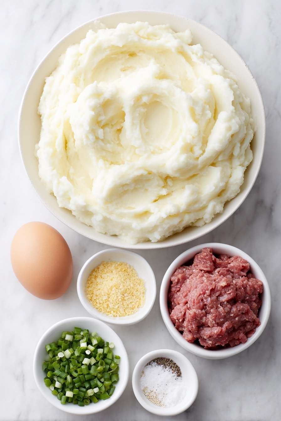 Flat lay of a large white ceramic bowl of creamy mashed potatoes, a smaller white ceramic bowl filled with roughly chopped corned beef, a small white ceramic bowl containing finely diced green onions, a clean whole brown egg with uncracked shell, a small white ceramic bowl holding golden seasoned breadcrumbs, and three small white ceramic bowls neatly arranged containing salt, garlic powder, and black pepper, all placed with perfect symmetry on a clean white marble surface, soft natural light, photo taken with an iPhone, professional food photography style, fresh ingredients, white ceramic bowls, no bottles, no duplicates, no utensils, no packaging --ar 2:3 --v 7 --p m7354615311229779997 - Corned Beef Hash Patties, Corned Beef Hash, How to Make Corned Beef Hash Patties, Easy Corned Beef Hash Breakfast, Leftover Corned Beef Recipes