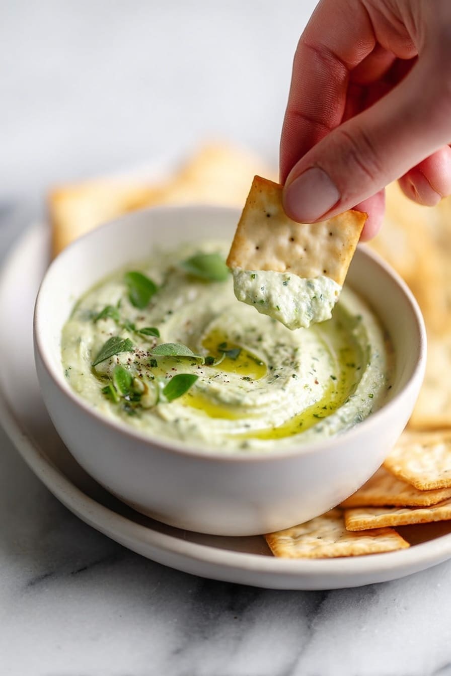 A close-up of a woman's hand dipping a light beige square cracker into a bowl of creamy, light green dip with visible specks of herbs. The dip fills the bowl, showing a swirl pattern on the surface, garnished with small green leaves and a drizzle of oil. The bowl is white and sits on a round white plate that holds several similar crackers stacked beside the bowl, all placed on a white marbled surface. The image has a soft, natural light highlighting the texture of the dip and cracker, focusing on the simple action of dipping. photo taken with an iphone --ar 2:3 --v 7 - Basil Pesto Hummus, basil pesto hummus, healthy hummus dip, easy hummus recipes, flavorful plant-based dips